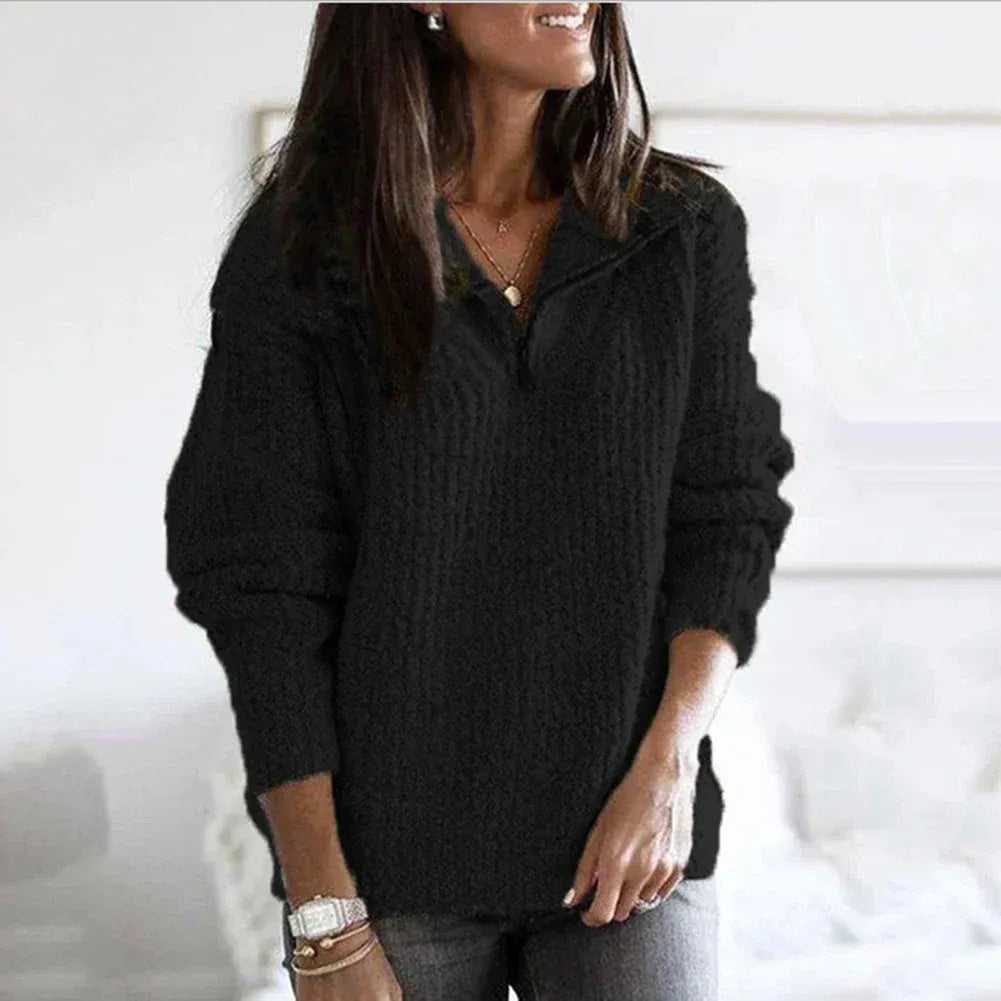 Women’s Half-Zip Sweatshirt – Relaxed Fit – Chunky Knit – Soft Wool Blend – Hip Length