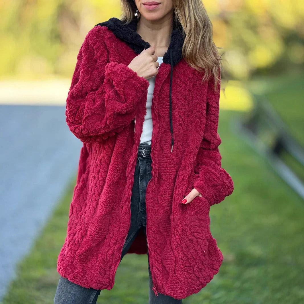 Women’s Hooded Jacket – Plush Fleece Texture – Relaxed Fit – Full-Zip Casual Outerwear