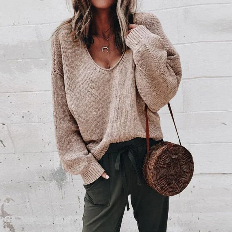 Women’s Sweater – Wool Knit – Relaxed Fit – Deep V-Neck – Long Sleeve Casual Style