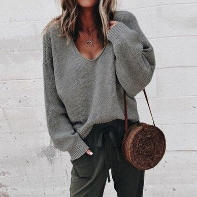 Women’s Sweater – Wool Knit – Relaxed Fit – Deep V-Neck – Long Sleeve Casual Style