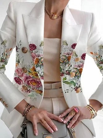 Women’s Blazer – Regular Fit – Floral Pattern – Shawl Collar – Buckle Closure