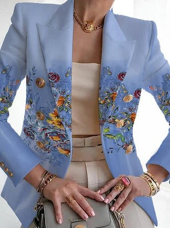 Women’s Blazer – Regular Fit – Floral Pattern – Shawl Collar – Buckle Closure