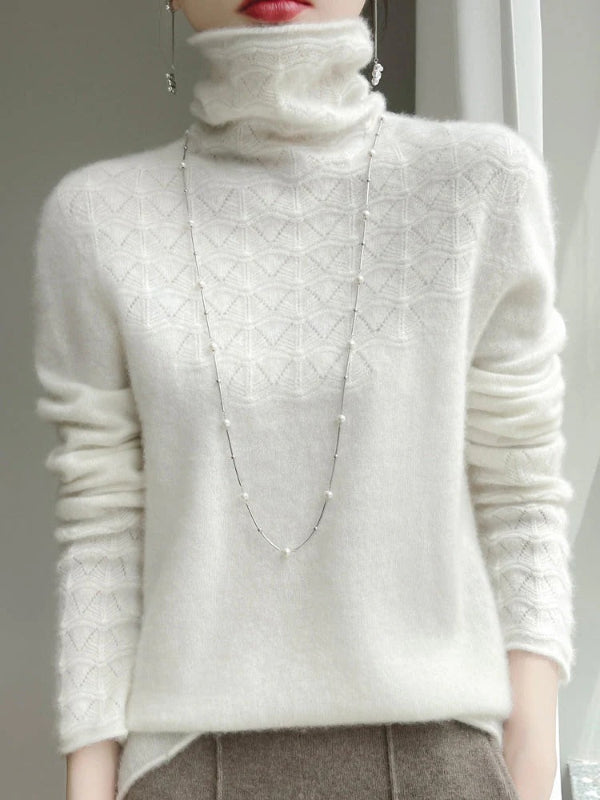 Women’s Turtleneck Sweater – Slim Fit – Wool Blend – Geometric Hollow Knit