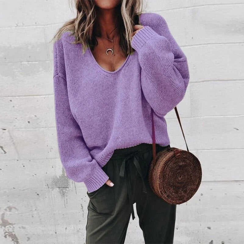 Women’s Sweater – Wool Knit – Relaxed Fit – Deep V-Neck – Long Sleeve Casual Style