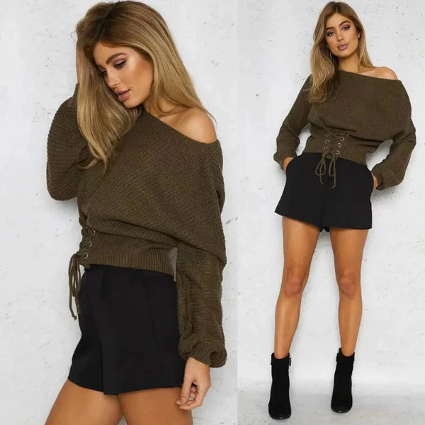 Women’s Knitted Sweater – Off Shoulder – Tie Waist – Relaxed Fit – Long Sleeve Warm Knit