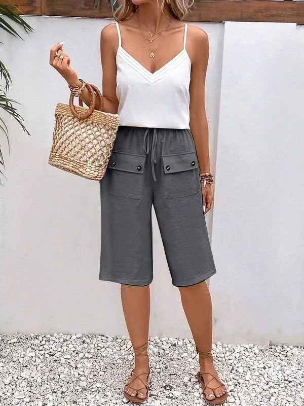 Women’s Knee-Length Trousers – Relaxed Fit – Breathable Blend – Drawstring Waist – Pocket Detail
