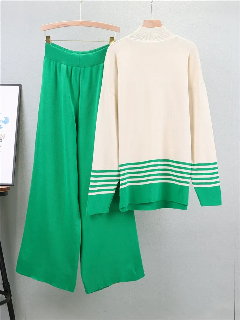 Women’s Two-Piece Set – Knit Sweater and Wide-Leg Trousers – Loose Fit Lounge Wear