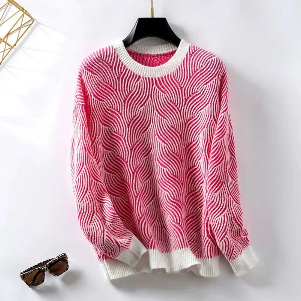 Women’s Pullover Sweater – Wool Knit – Loose Fit – Ribbed Crew Neck – Striped Pattern