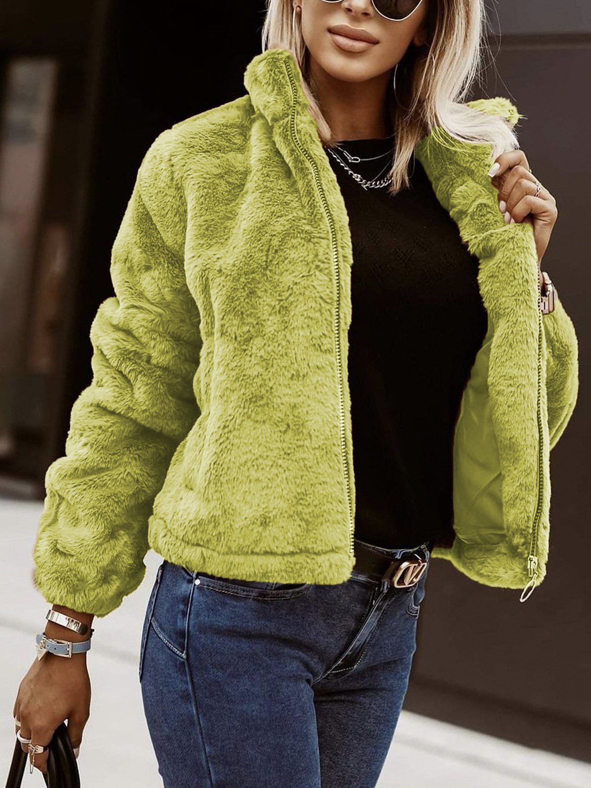 Women’s Cardigan – Faux Leather Plush Texture – Zipper Front – High Collar – Relaxed Fit