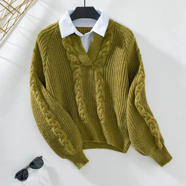 Women’s Sweater – Relaxed Fit – Cable Knit – Faux Layered Shirt Collar – Cropped Style