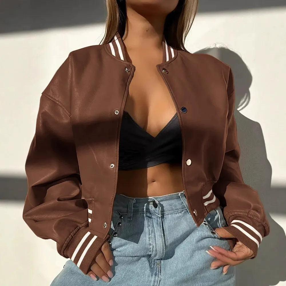 Women’s Leather Jacket – Cropped Structured Fit – Snap Closure – Ribbed Trim Bomber Style