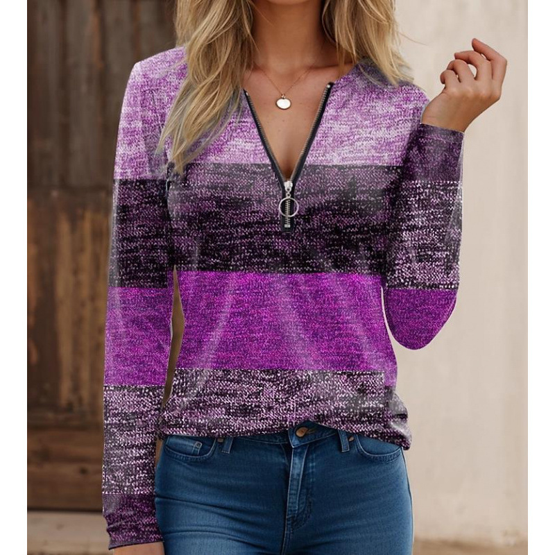 Women’s Long Sleeve Shirt – Knit Fabric – Zipper Collar – Spliced Print – Regular Fit