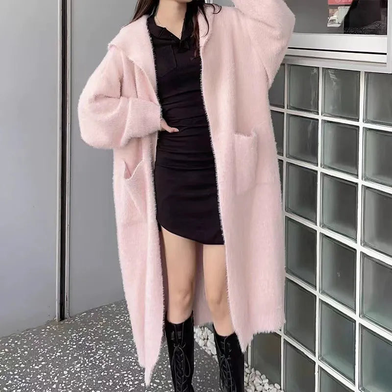 Women’s Cardigan – Plush Imitation Mink Fleece – Long Oversized Fit – Hooded Casual Layer