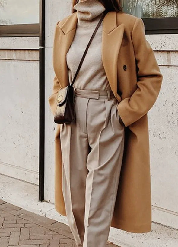 Women’s Long Coat – Slim Fit – Wool Feel – Double-Breasted – Classic Lapel