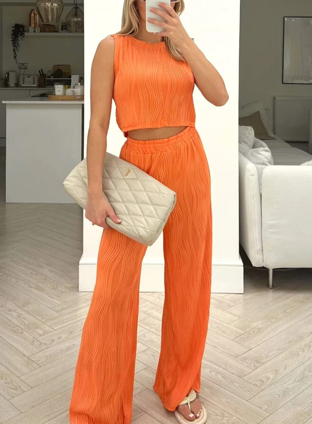 Women’s Two-Piece Set – Ribbed Knit Sleeveless Crop Top – High-Waisted Wide Leg Pants