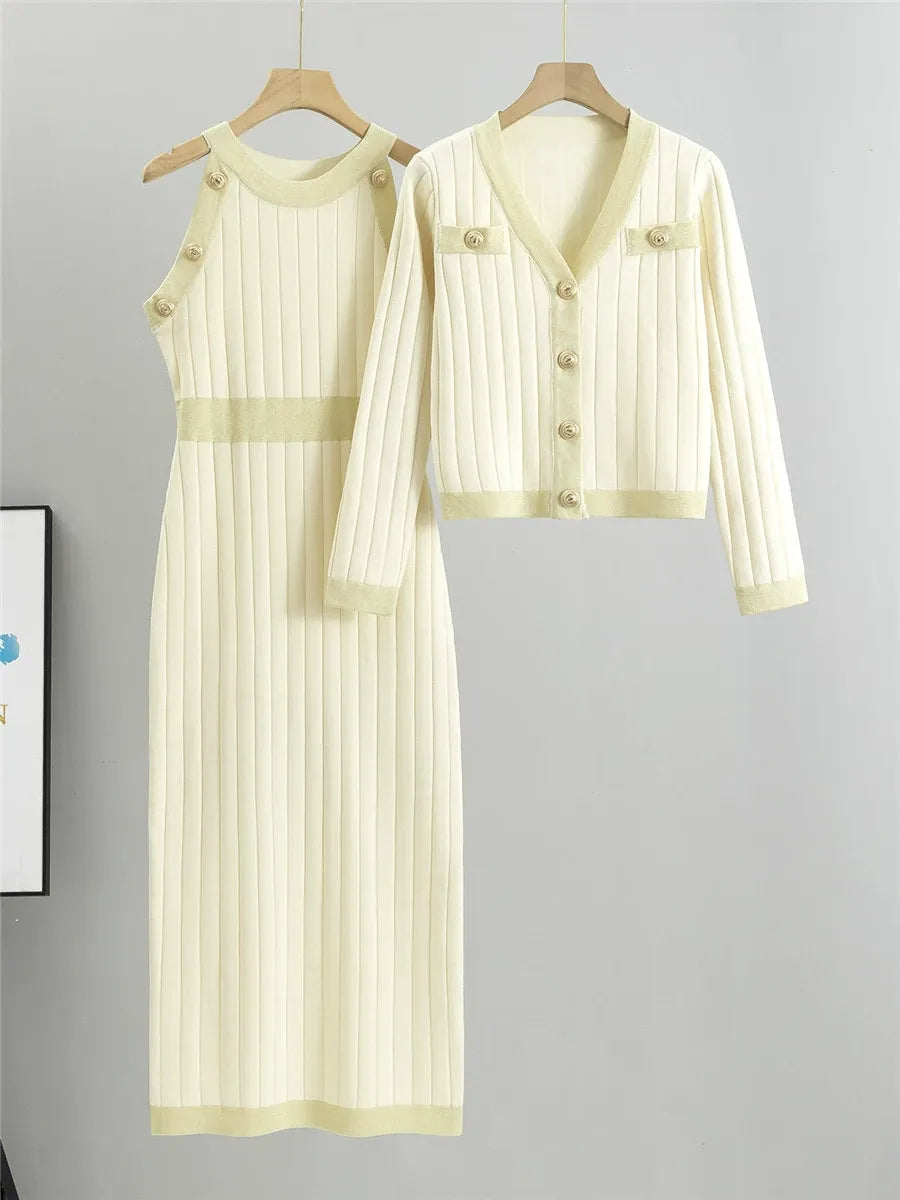 Women’s Two-Piece Knit Set – Slim Fit Midi Dress – Cropped Cardigan – Metallic Trim