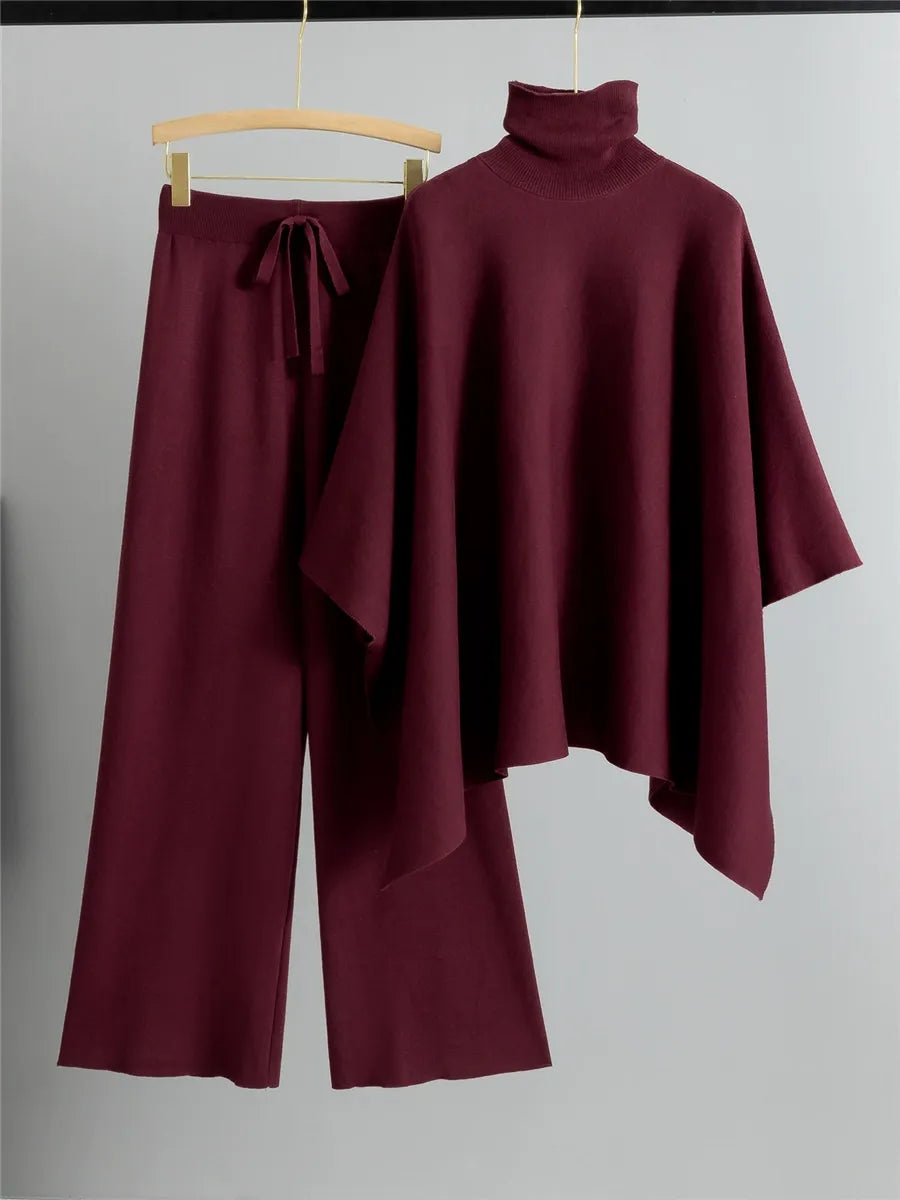 Women’s Two-Piece Knit Set – High Neck Cape Top – Wide-Leg Pants – Relaxed Fit