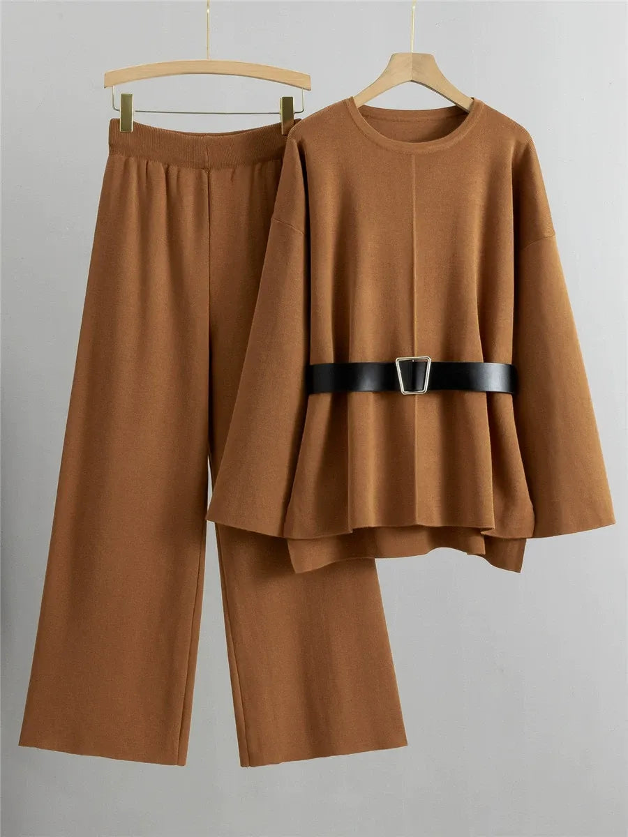Women’s Knit Two-Piece Suit – Relaxed Fit Sweater with Belt – Wide-Leg Pants
