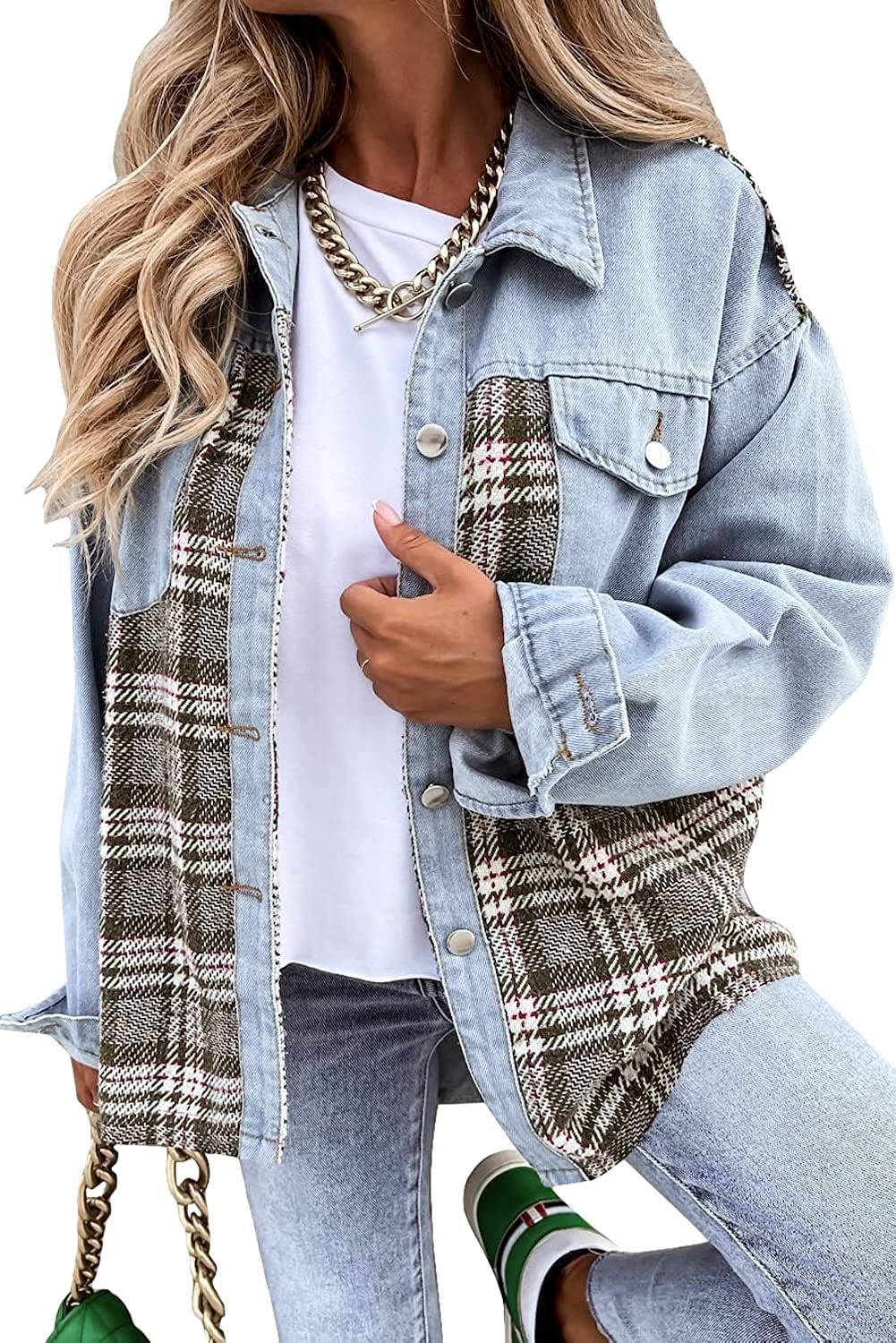 Women’s Denim Jacket – Relaxed Fit – Plaid Panel Accents – Long Sleeve Button-Down