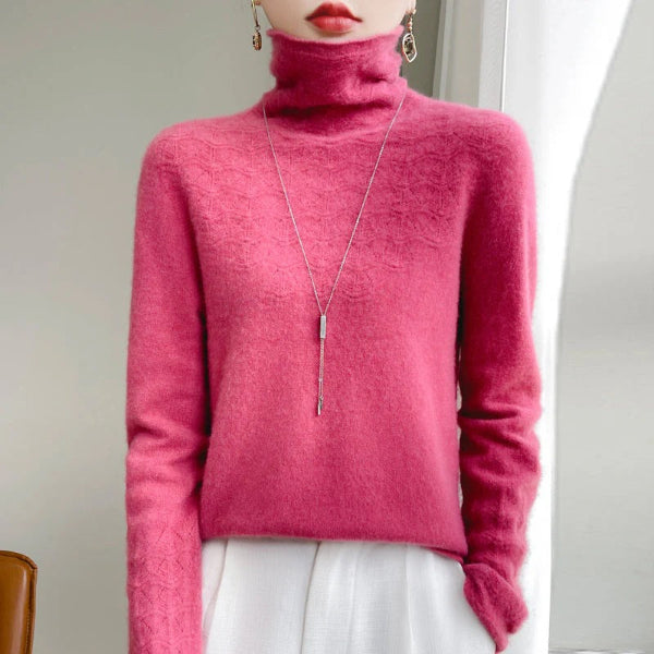 Women’s Turtleneck Sweater – Slim Fit – Wool Blend – Geometric Hollow Knit
