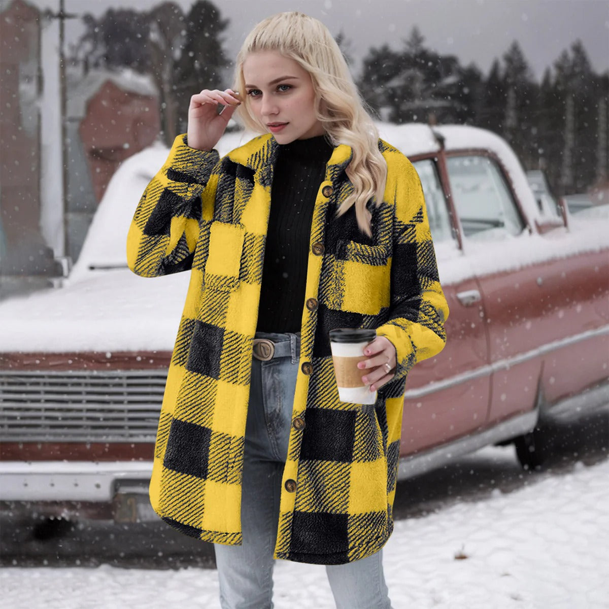 Women’s Cardigan – Fuzzy Brushed Fabric – Oversized Fit – Plaid Button-Down Mid-Length