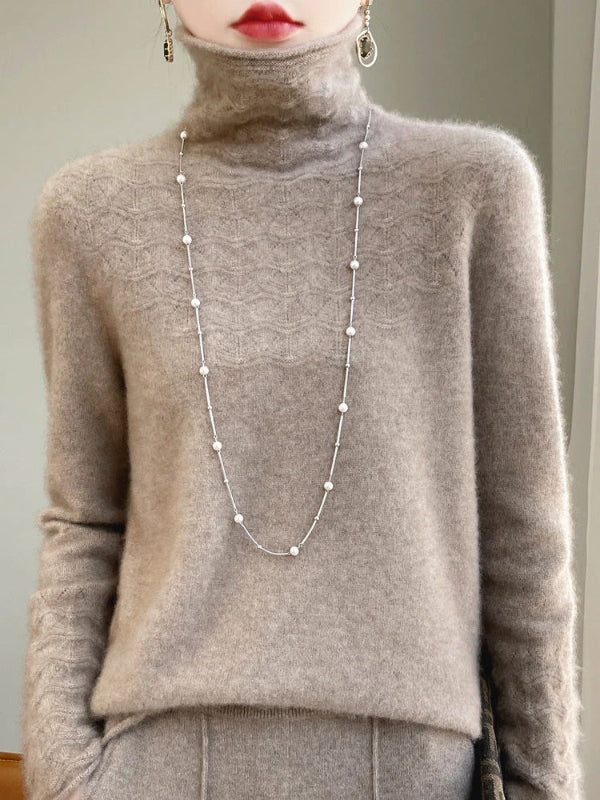 Women’s Turtleneck Sweater – Slim Fit – Wool Blend – Geometric Hollow Knit