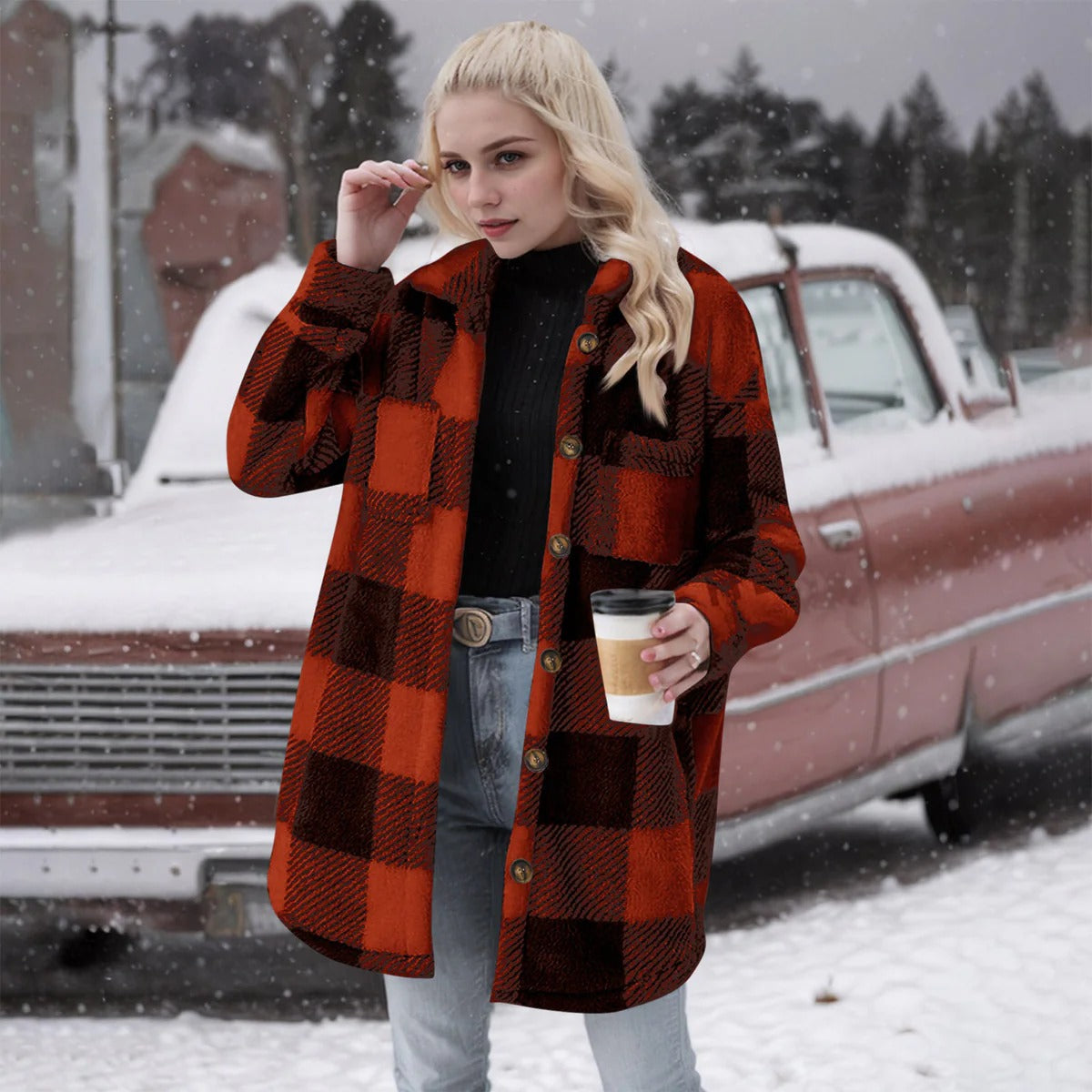 Women’s Cardigan – Fuzzy Brushed Fabric – Oversized Fit – Plaid Button-Down Mid-Length