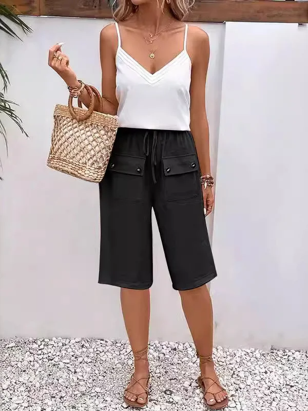 Women’s Knee-Length Trousers – Relaxed Fit – Breathable Blend – Drawstring Waist – Pocket Detail