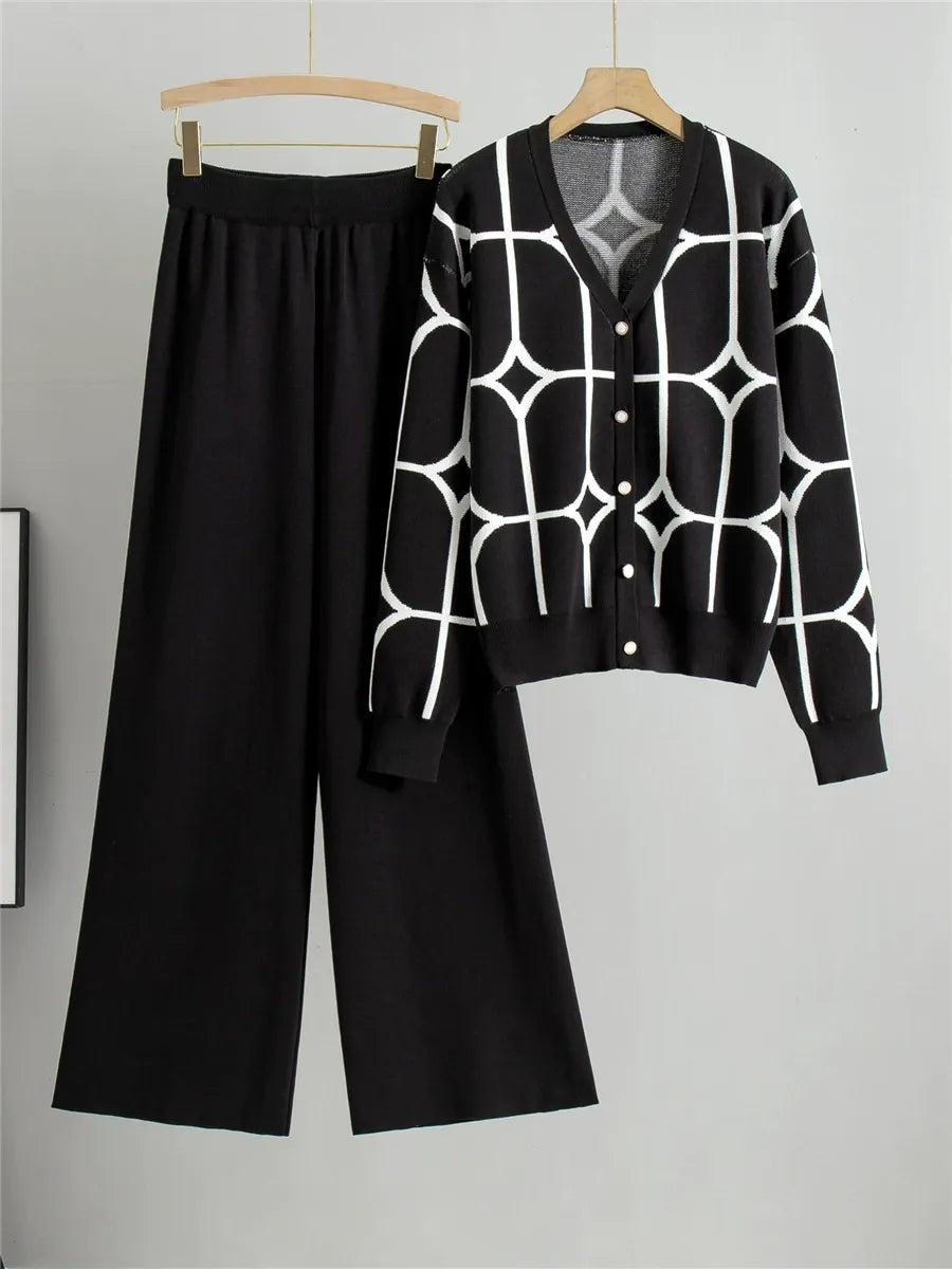Women’s Two-Piece Knitted Set – V-Neck Cardigan – Geometric Pattern – Wide-Leg Pants