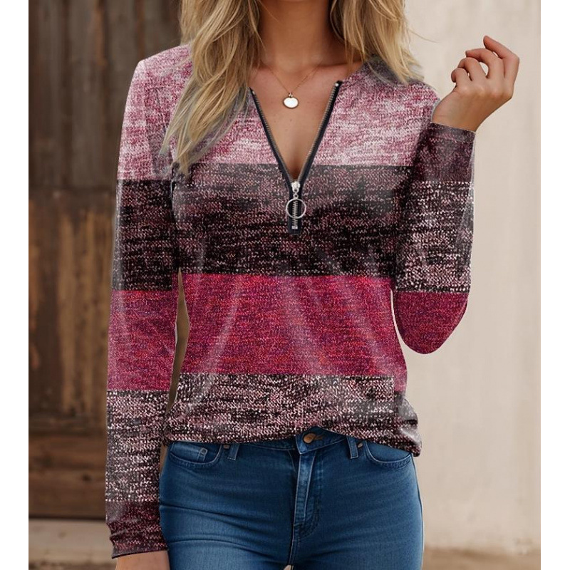 Women’s Long Sleeve Shirt – Knit Fabric – Zipper Collar – Spliced Print – Regular Fit