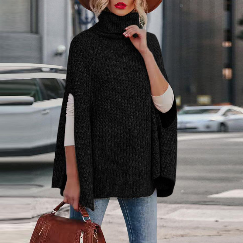 Women’s Sweater Cape – Loose Fit – High Neck – Wool Blend – Arm Slit Design