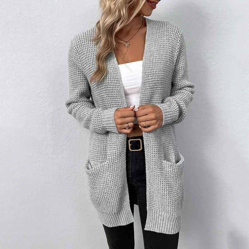 Women’s Long Sleeve Cardigan – Waffle Knit – Relaxed Fit – Open Front with Pockets