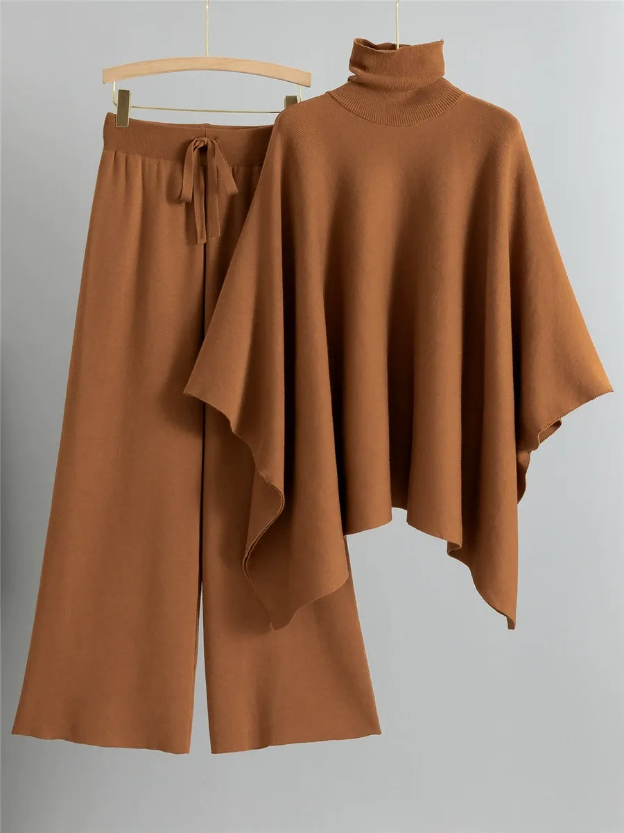 Women’s Two-Piece Knit Set – High Neck Cape Top – Wide-Leg Pants – Relaxed Fit