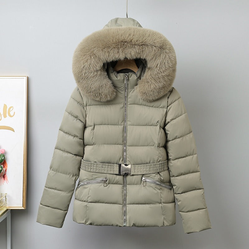 Women’s Puffer Coat – Quilted Insulated – Belted Fit – Removable Fur-Trimmed Hood
