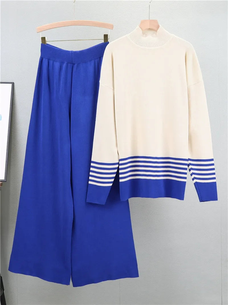 Women’s Two-Piece Set – Knit Sweater and Wide-Leg Trousers – Loose Fit Lounge Wear