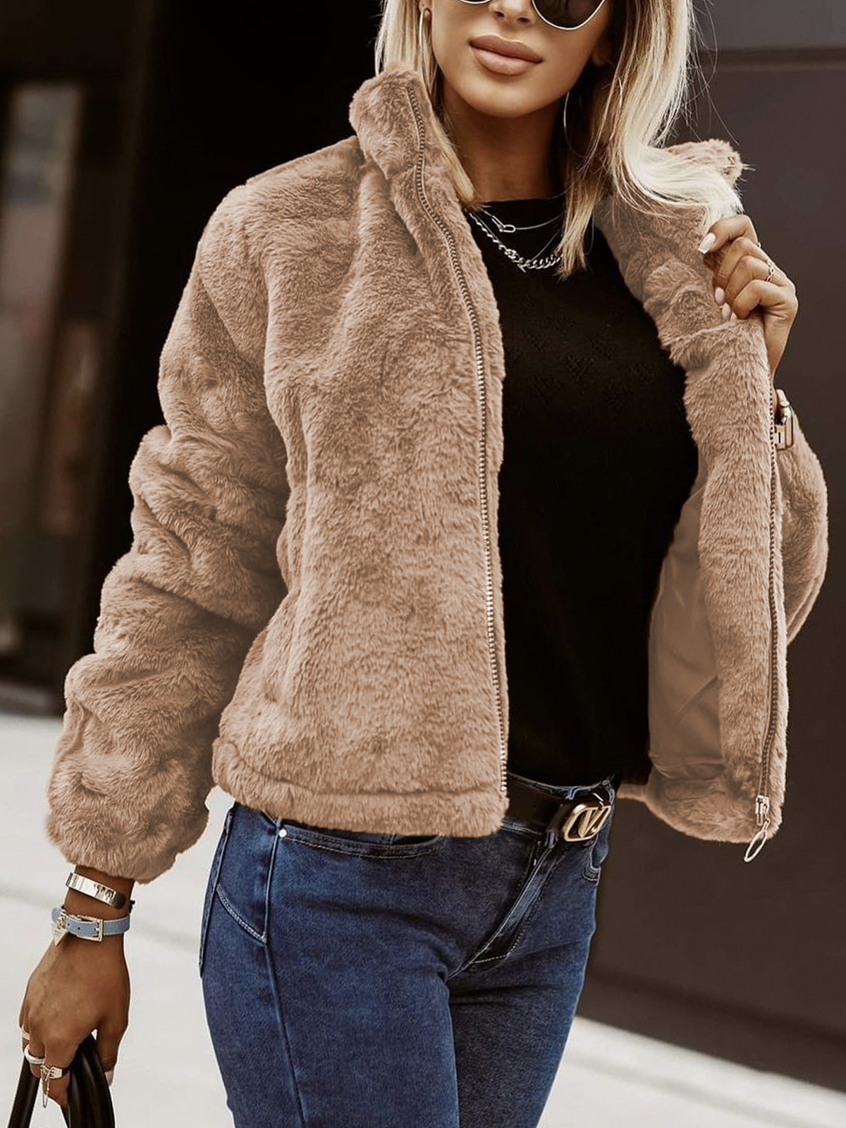 Women’s Cardigan – Faux Leather Plush Texture – Zipper Front – High Collar – Relaxed Fit