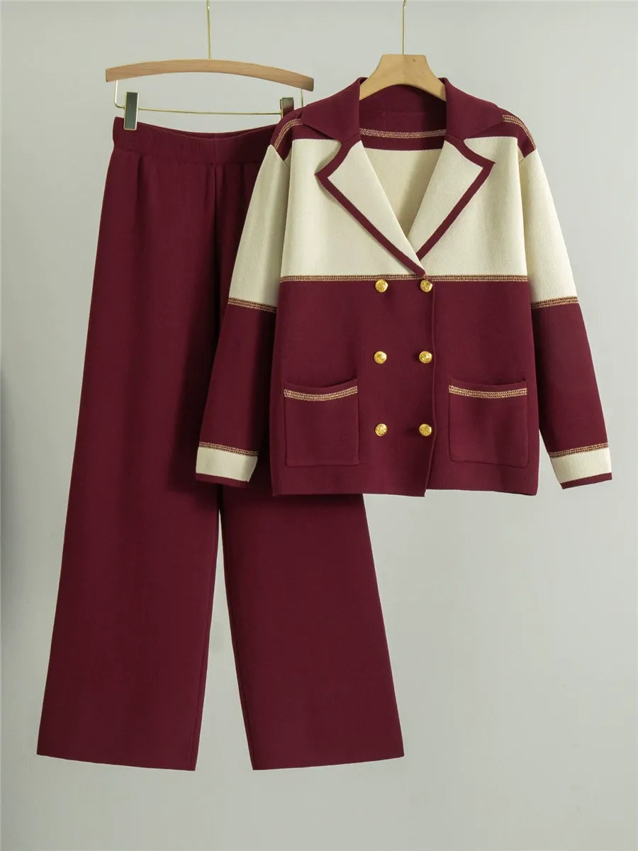 Women’s Two-Piece Suit – Knit Blazer and Wide-Leg Pants – Double-Breasted Fit