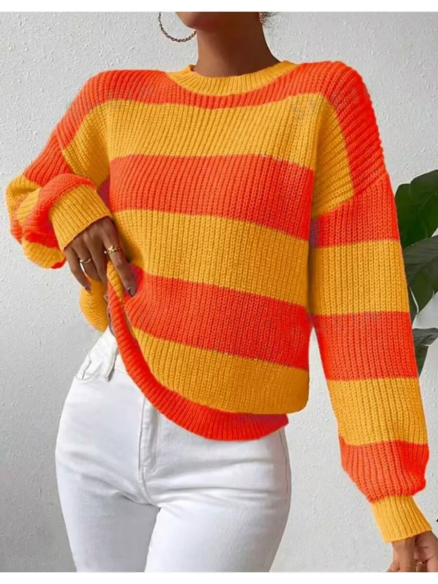 Women’s Sweatshirt – Ribbed Knit – Loose Fit – Balloon Sleeve – Round Neck Casual Wear
