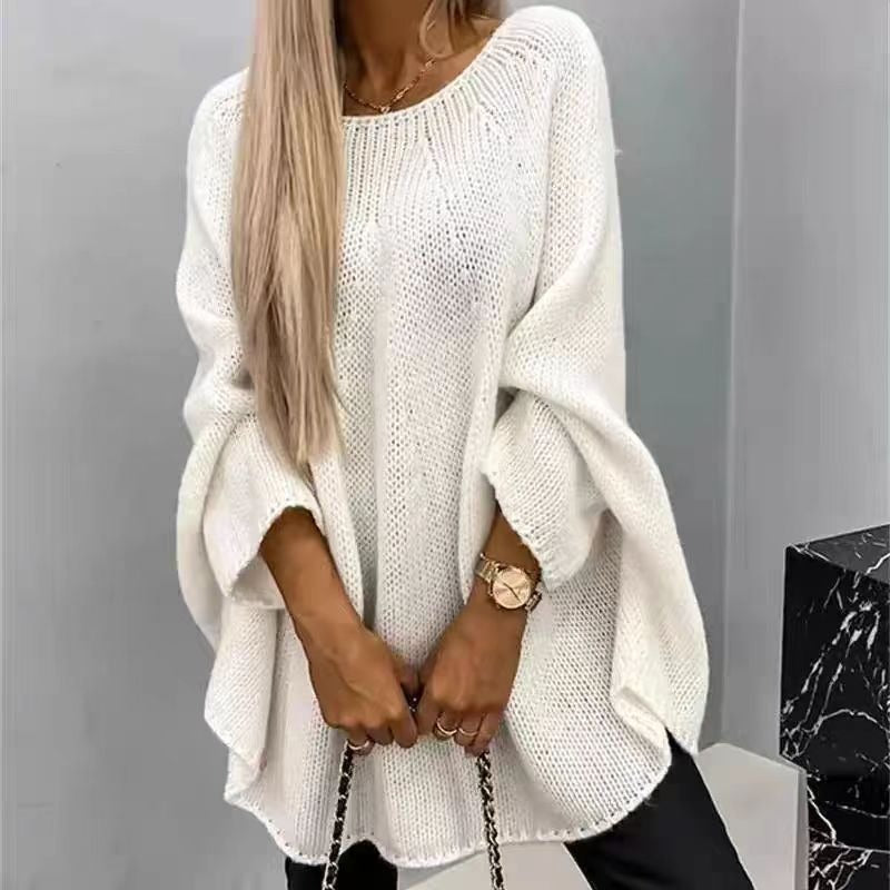 Women’s Knit Top – Oversized Fit – Chunky Texture – Batwing Sleeves – Crew Neck