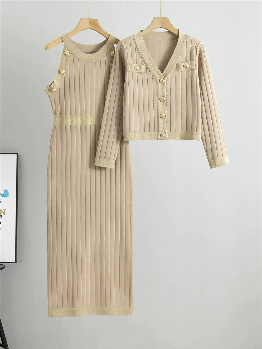 Women’s Two-Piece Knit Set – Slim Fit Midi Dress – Cropped Cardigan – Metallic Trim