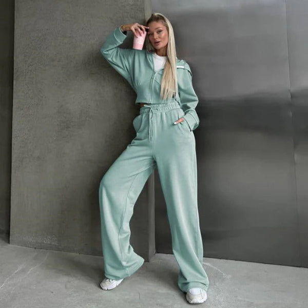Women’s Two-Piece Lounge Set – Oversized Hoodie Zip Sweatshirt – Wide-Leg Pants – Cotton Blend