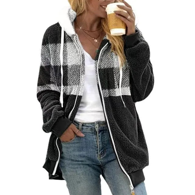 Women’s Hooded Sweatshirt Jacket – Plush Fleece – Oversized Fit – Zipper Front – Ribbed Cuffs