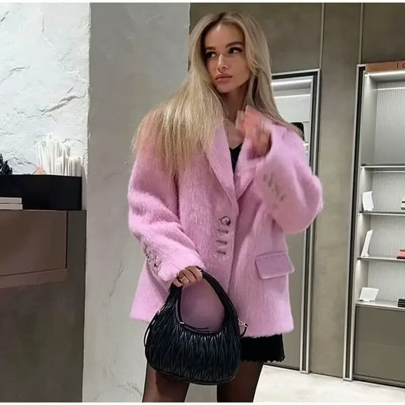 Women’s Blazer – Oversized Relaxed Fit – Plush Texture – Notched Lapel – Flap Pockets