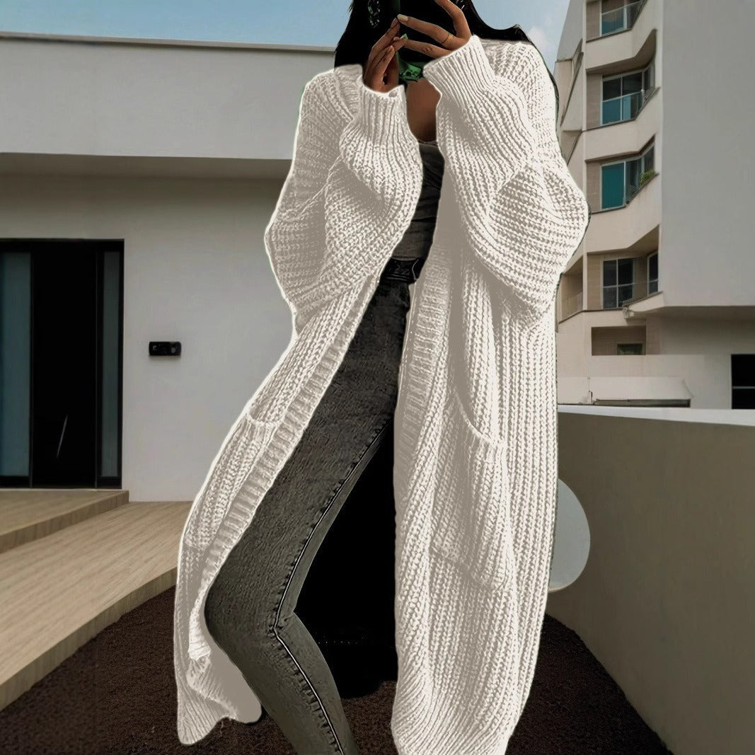 Women’s Cardigan – Chunky Knit – Oversized Fit – Maxi Length – Open Front with Pockets