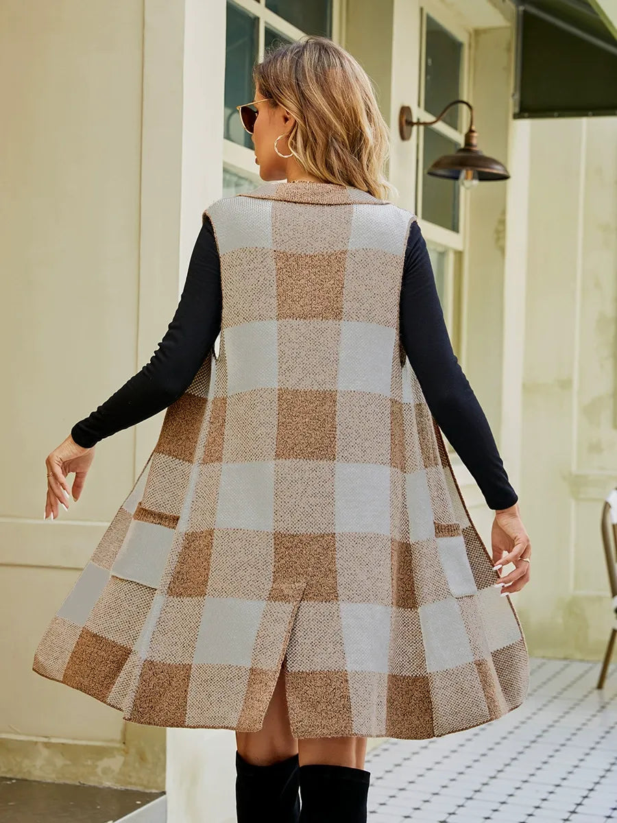 Women’s Long Vest Cardigan – Wool Blend Knit – Sleeveless – Open Front – Check Pattern
