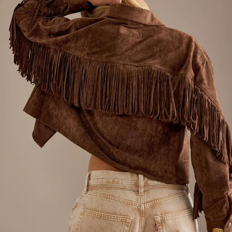 Women’s Cropped Jacket – Suede Feel – Fringe Sleeves – Button Front – Relaxed Fit