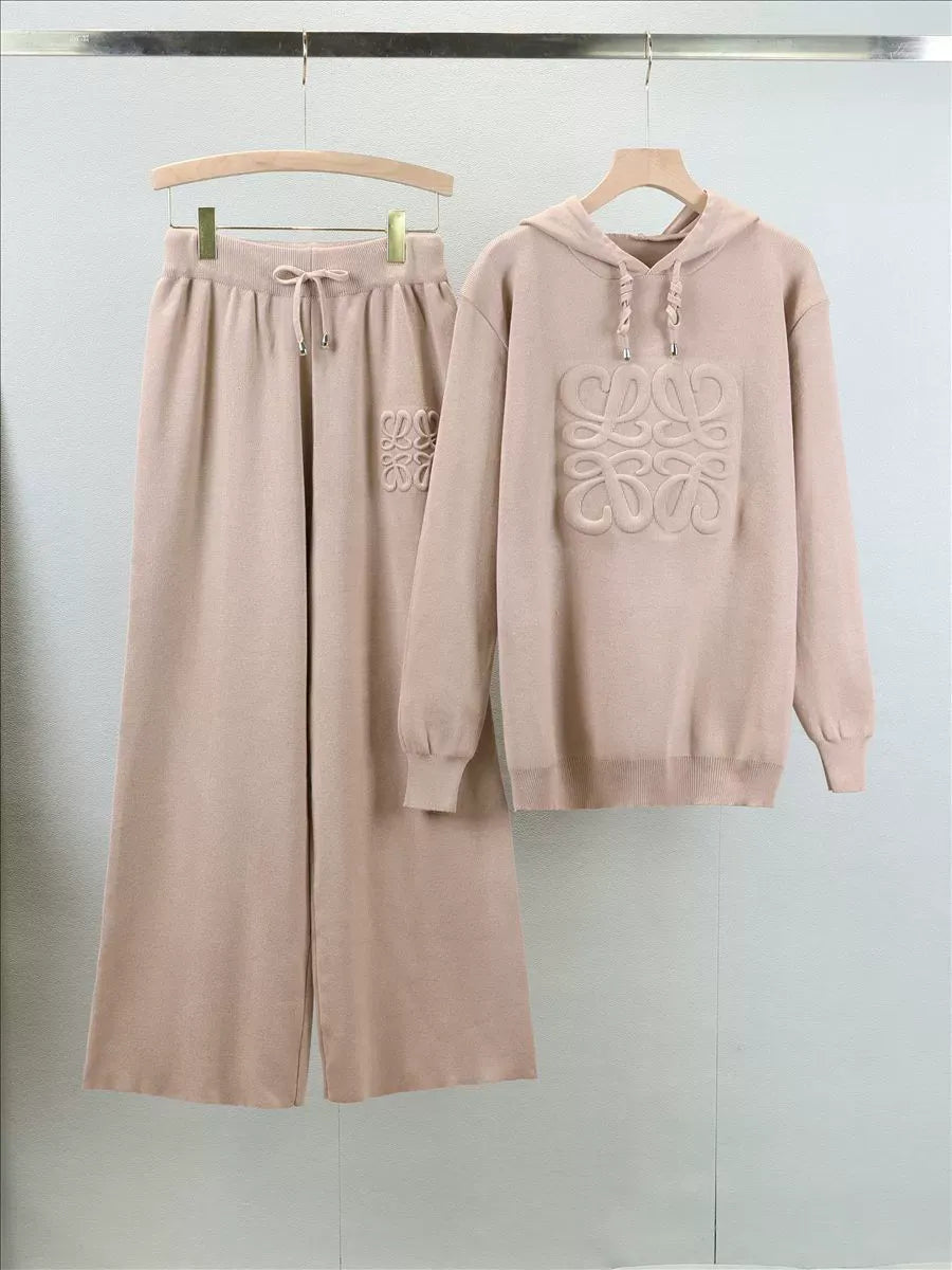 Women’s Two-Piece Knit Lounge Set – Oversized Hooded Sweater – Wide-Leg Drawstring Pants