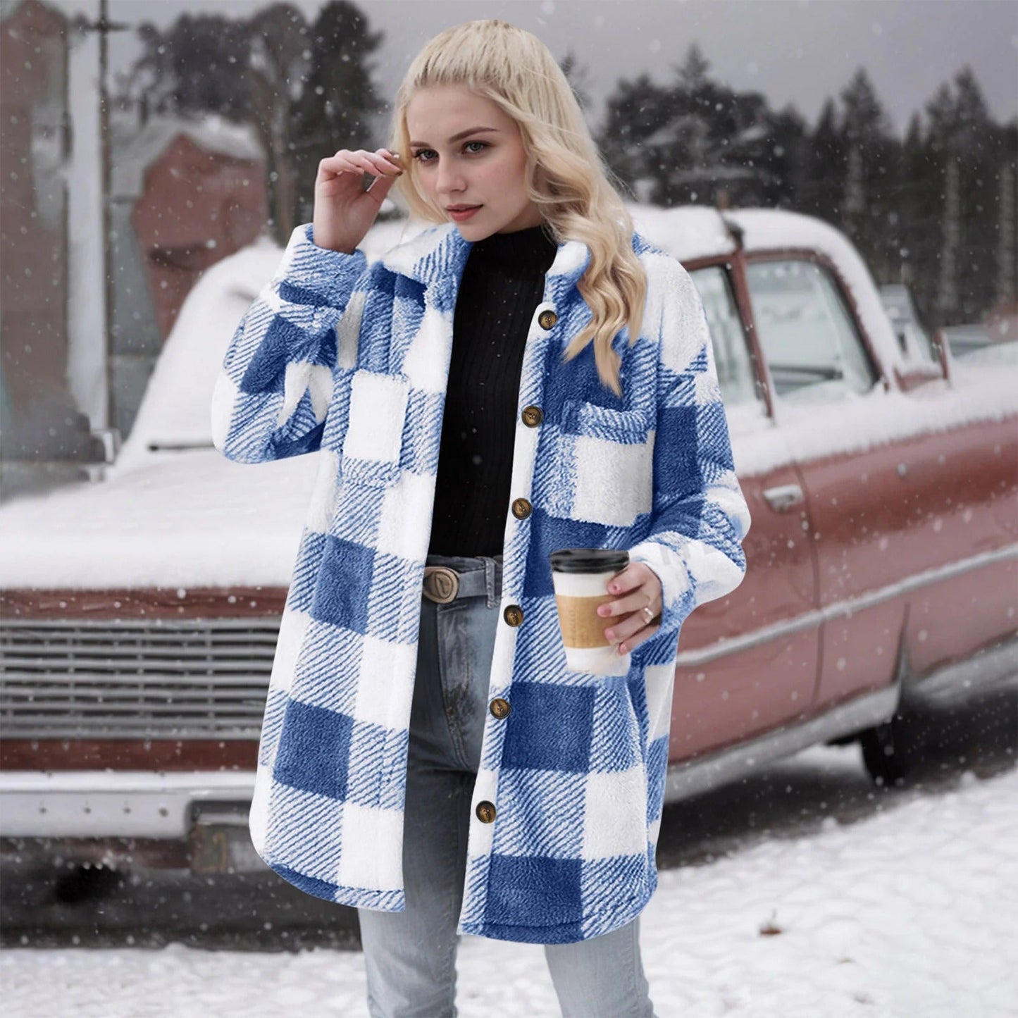 Women’s Cardigan – Fuzzy Brushed Fabric – Oversized Fit – Plaid Button-Down Mid-Length