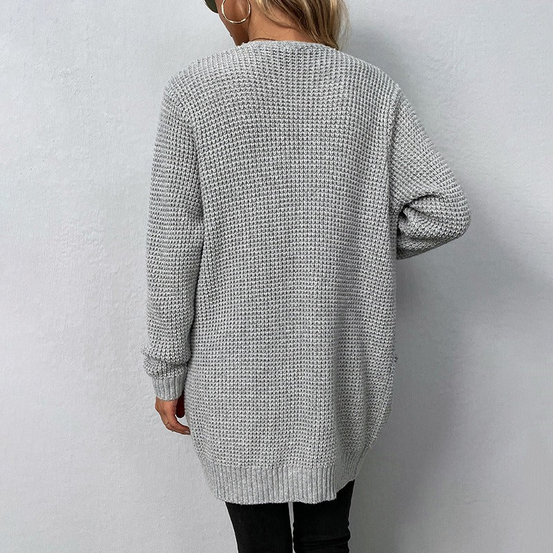 Women’s Long Sleeve Cardigan – Waffle Knit – Relaxed Fit – Open Front with Pockets