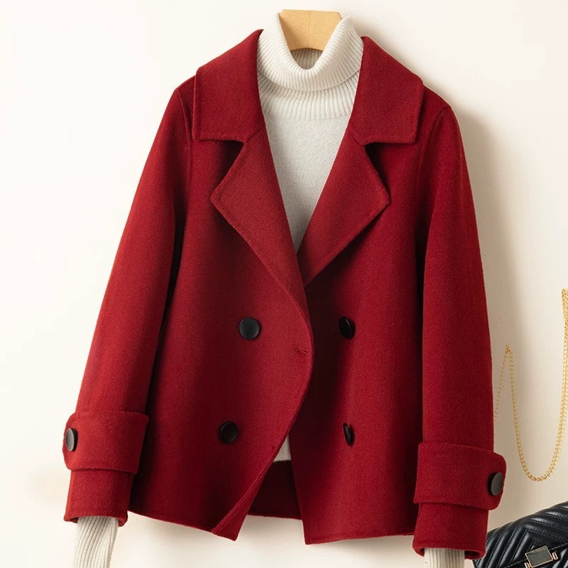 Women’s Short Coat – Tailored Fit – Wool Feel – Double-Breasted – Notched Lapel